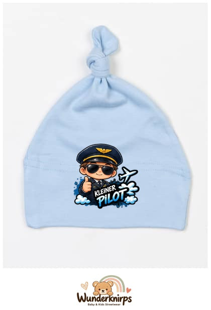 Knotenmütze Babybugz BZ15 in Staubblau mit Motiv Kleiner Pilot