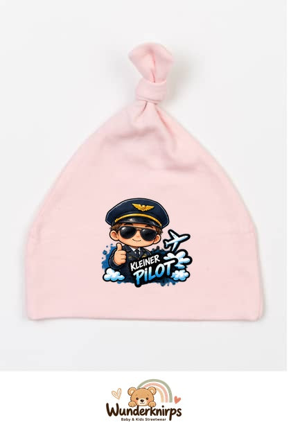 Knotenmütze Babybugz BZ15 in Pastellrosa mit Motiv Kleiner Pilot