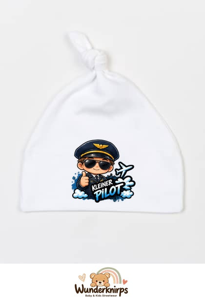 Knotenmütze Babybugz BZ15 in Weiß mit Motiv Kleiner Pilot