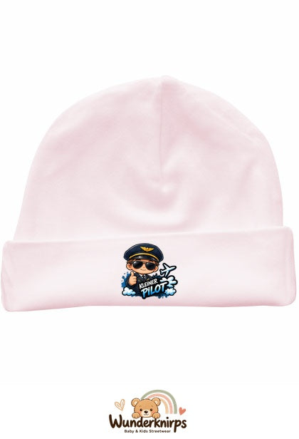 Umschlagmütze Rox-01 in Pastellrosa mit Motiv Kleiner Pilot