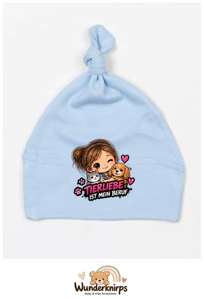 Knotenmütze Babybugz BZ15 in Staubblau mit Motiv Tierliebe ist mein Beruf