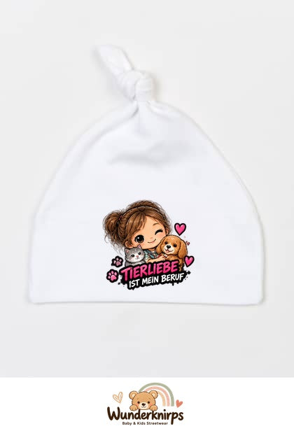 Knotenmütze Babybugz BZ15 in Weiß mit Motiv Tierliebe ist mein Beruf