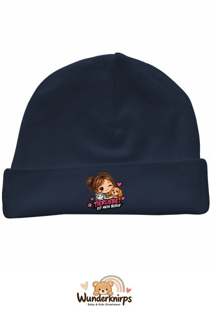 Umschlagmütze Rox-01 in Marineblau mit Motiv Tierliebe ist mein Beruf