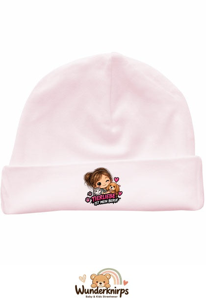 Umschlagmütze Rox-01 in Pastellrosa mit Motiv Tierliebe ist mein Beruf