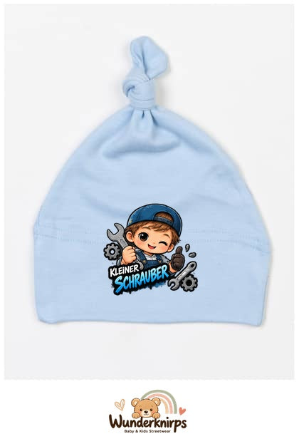 Knotenmütze Babybugz BZ15 in Staubblau mit Motiv Kleiner Schrauber
