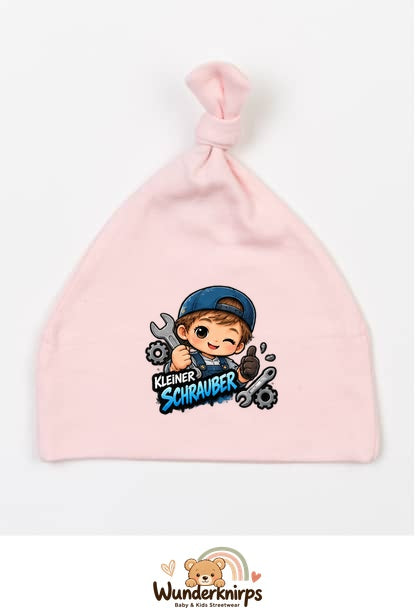 Knotenmütze Babybugz BZ15 in Pastellrosa mit Motiv Kleiner Schrauber