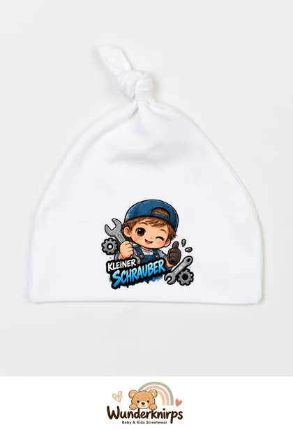 Knotenmütze Babybugz BZ15 in Weiß mit Motiv Kleiner Schrauber