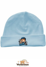 Umschlagmütze Rox-01 in Pastellblau mit Motiv Kleiner Schrauber