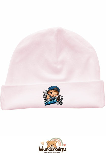 Umschlagmütze Rox-01 in Pastellrosa mit Motiv Kleiner Schrauber