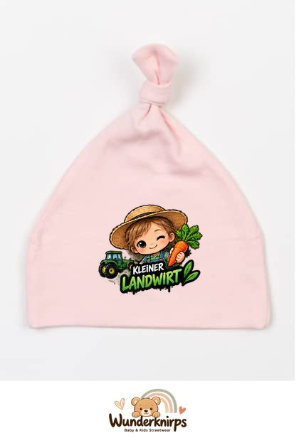 Knotenmütze Babybugz BZ15 in Pastellrosa mit Motiv Kleiner Landwirt