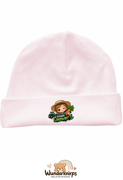 Umschlagmütze Rox-01 in Pastellrosa mit Motiv Kleiner Landwirt