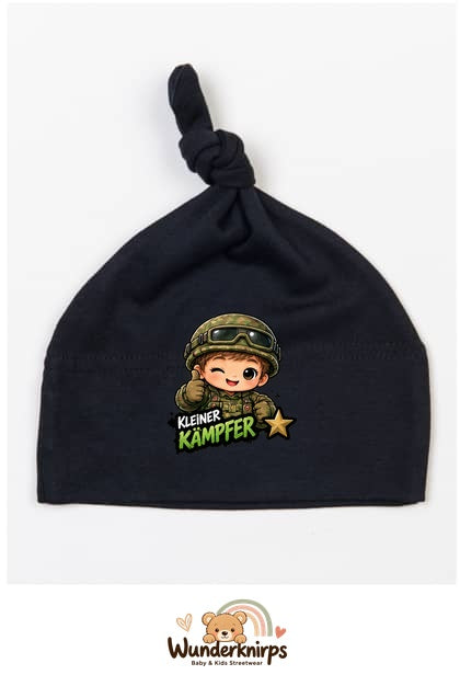 Knotenmütze Babybugz BZ15 in Schwarz mit Motiv Kleiner Kämpfer