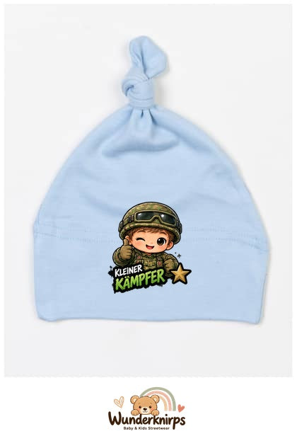 Knotenmütze Babybugz BZ15 in Staubblau mit Motiv Kleiner Kämpfer
