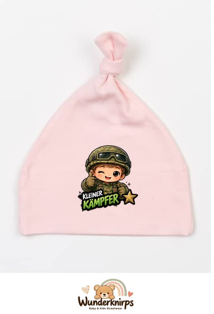 Knotenmütze Babybugz BZ15 in Pastellrosa mit Motiv Kleiner Kämpfer
