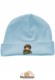 Umschlagmütze Rox-01 in Pastellblau mit Motiv Kleiner Kämpfer