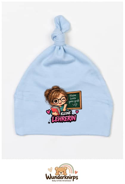 Knotenmütze Babybugz BZ15 in Staubblau mit Motiv Kleine Lehrerin