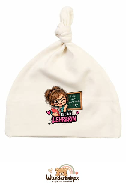 Knotenmütze Babybugz BZ15 in Natur mit Motiv Kleine Lehrerin
