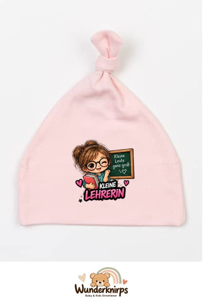 Knotenmütze Babybugz BZ15 in Pastellrosa mit Motiv Kleine Lehrerin