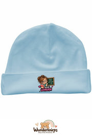 Umschlagmütze Rox-01 in Pastellblau mit Motiv Kleine Lehrerin