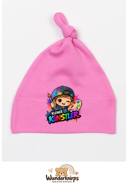 Knotenmütze Babybugz BZ15 in Bubblegum-Pink mit Motiv Kleiner Künstler