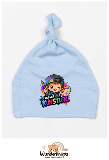 Knotenmütze Babybugz BZ15 in Staubblau mit Motiv Kleiner Künstler