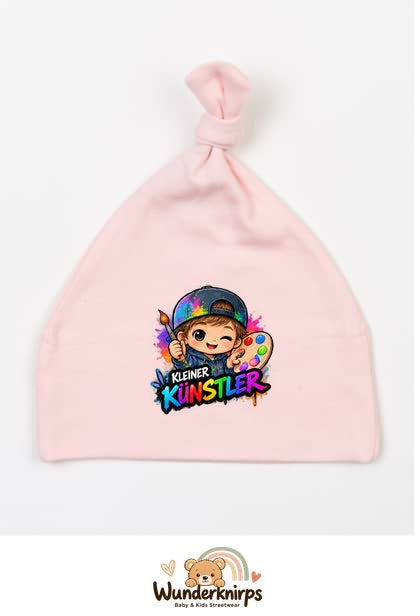 Knotenmütze Babybugz BZ15 in Pastellrosa mit Motiv Kleiner Künstler