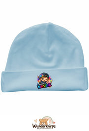 Umschlagmütze Rox-01 in Pastellblau mit Motiv Kleiner Künstler