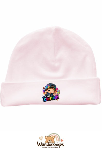 Umschlagmütze Rox-01 in Pastellrosa mit Motiv Kleiner Künstler