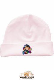 Umschlagmütze Rox-01 in Pastellrosa mit Motiv Kleiner Künstler
