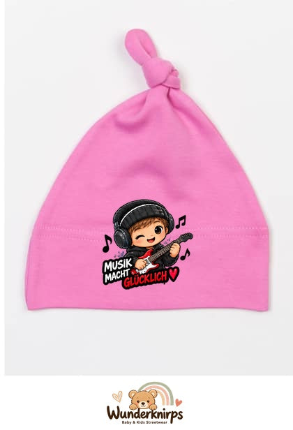 Knotenmütze Babybugz BZ15 in Bubblegum-Pink mit Motiv Musik macht glücklich