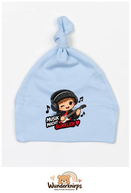 Knotenmütze Babybugz BZ15 in Staubblau mit Motiv Musik macht glücklich