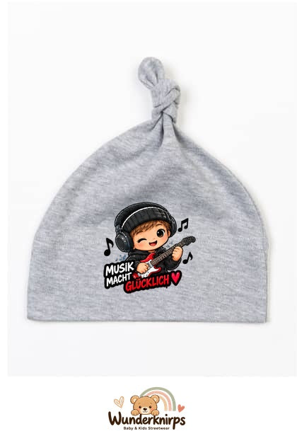 Knotenmütze Babybugz BZ15 in Grau meliert mit Motiv Musik macht glücklich
