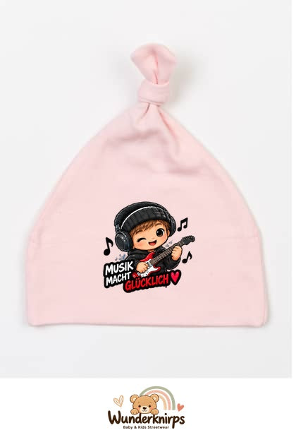 Knotenmütze Babybugz BZ15 in Pastellrosa mit Motiv Musik macht glücklich