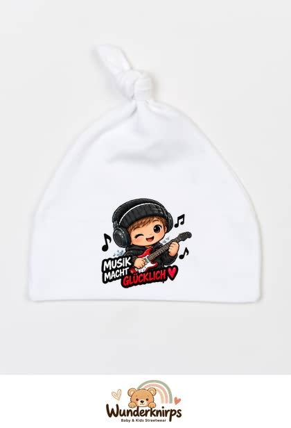 Knotenmütze Babybugz BZ15 in Weiß mit Motiv Musik macht glücklich
