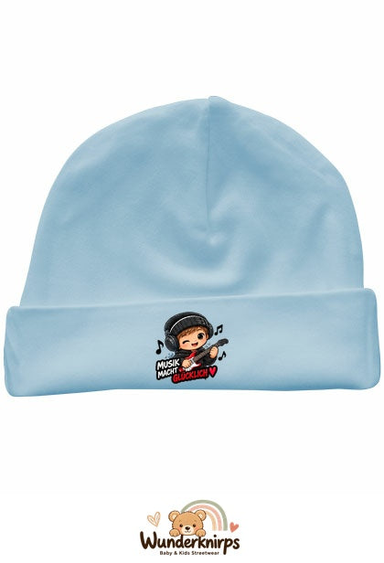 Umschlagmütze Rox-01 in Pastellblau mit Motiv Musik macht glücklich