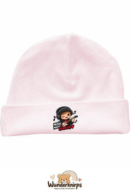 Umschlagmütze Rox-01 in Pastellrosa mit Motiv Musik macht glücklich