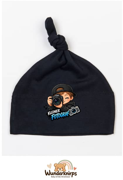 Knotenmütze Babybugz BZ15 in Schwarz mit Motiv Kleiner Fotograf