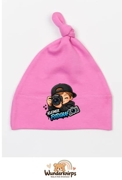 Knotenmütze Babybugz BZ15 in Bubblegum-Pink mit Motiv Kleiner Fotograf