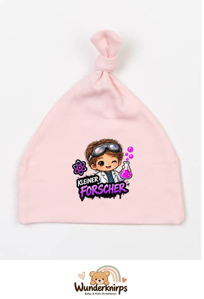 Knotenmütze Babybugz BZ15 in Pastellrosa mit Motiv Kleiner Forscher