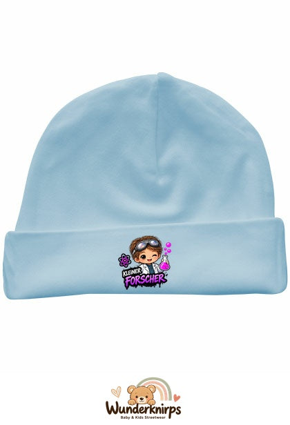 Umschlagmütze Rox-01 in Pastellblau mit Motiv Kleiner Forscher
