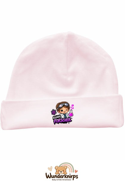 Umschlagmütze Rox-01 in Pastellrosa mit Motiv Kleiner Forscher