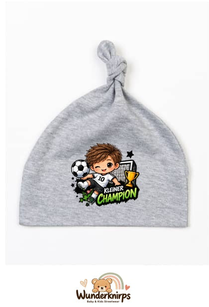 Knotenmütze Babybugz BZ15 in Grau meliert mit Motiv Kleiner Champion