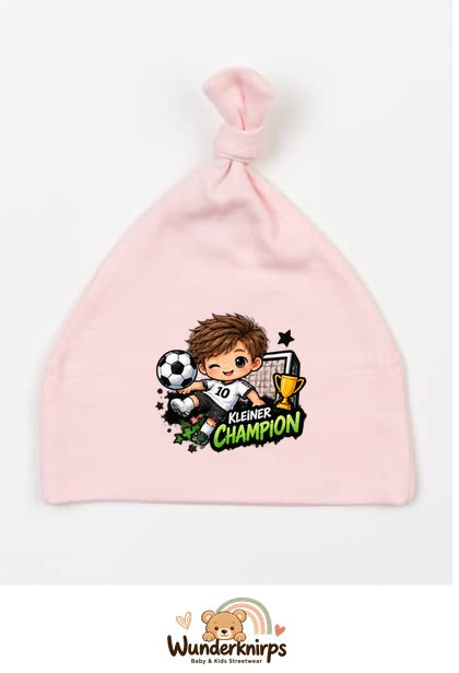 Knotenmütze Babybugz BZ15 in Pastellrosa mit Motiv Kleiner Champion