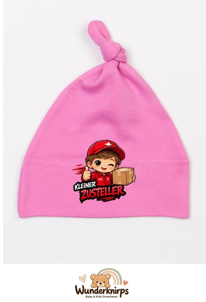 Knotenmütze Babybugz BZ15 in Bubblegum-Pink mit Motiv Kleiner Zusteller