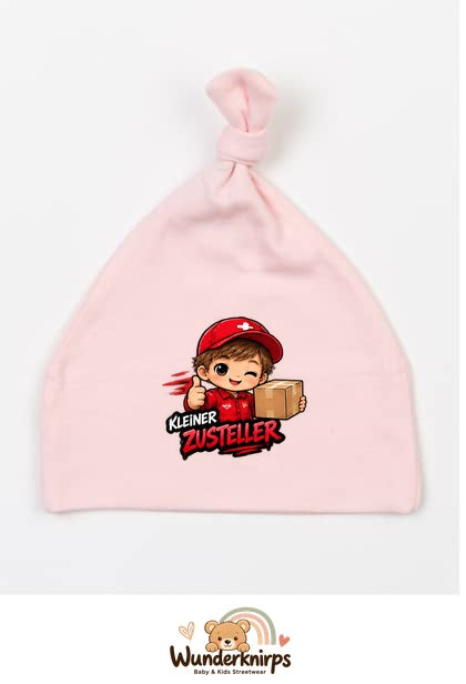 Knotenmütze Babybugz BZ15 in Pastellrosa mit Motiv Kleiner Zusteller