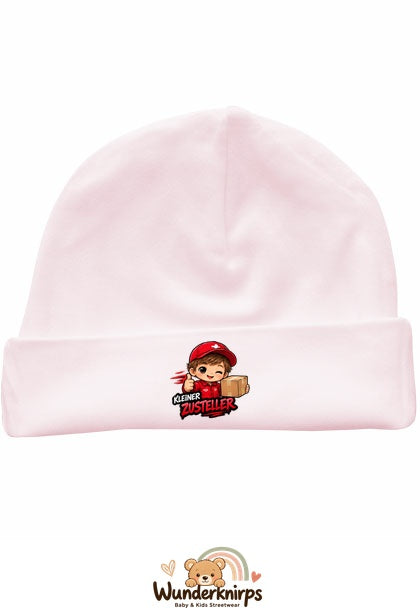 Umschlagmütze Rox-01 in Pastellrosa mit Motiv Kleiner Zusteller