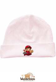 Umschlagmütze Rox-01 in Pastellrosa mit Motiv Kleiner Zusteller