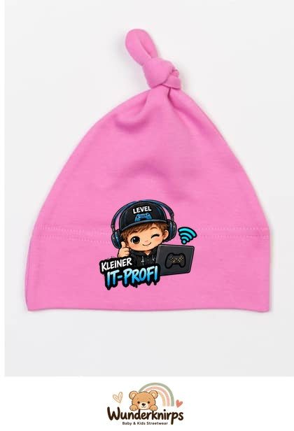 Knotenmütze Babybugz BZ15 in Bubblegum-Pink mit Motiv Kleiner IT-Profi