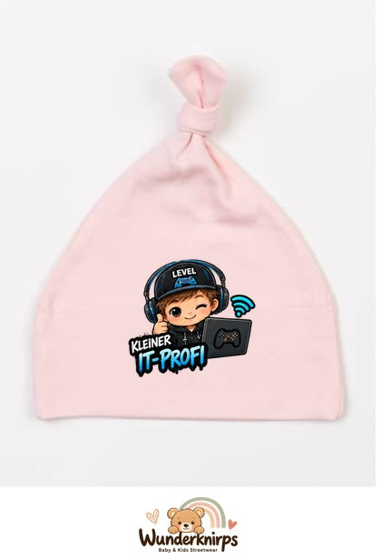 Knotenmütze Babybugz BZ15 in Pastellrosa mit Motiv Kleiner IT-Profi