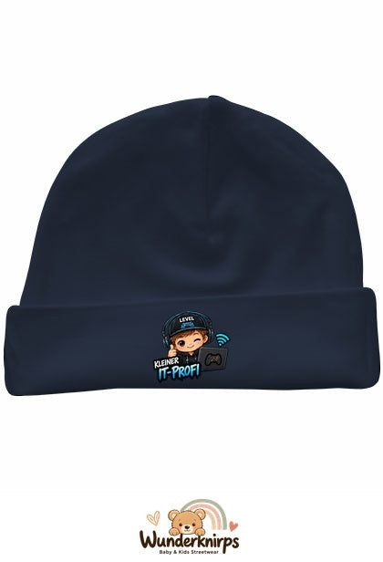 Umschlagmütze Rox-01 in Marineblau mit Motiv Kleiner IT-Profi